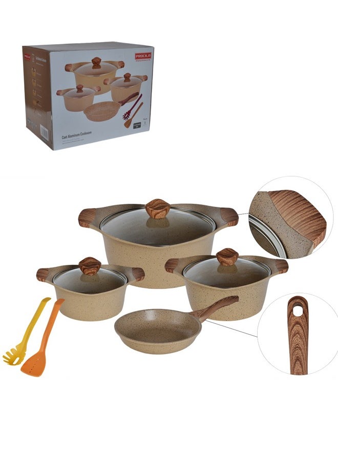 PROCILA - 9-Piece Aluminum Cookware Set Beige With Tempered Glass Lid, Soft Touch Wooden Handles, Non-Stick & Granite Coating; Casserole Sizes 20,24,28CM; Frypan Size 24CM; 2PCS Spoons - Image 1