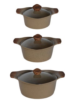 PROCILA 9-Piece Aluminum Cookware Set Beige With Tempered Glass Lid, Soft Touch Wooden Handles, Non-Stick & Granite Coating; Casserole Sizes 20,24,28CM; Frypan Size 24CM; 2PCS Spoons  - Image 3
