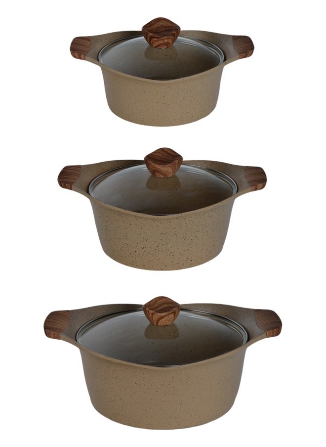 PROCILA - 9-Piece Aluminum Cookware Set Beige With Tempered Glass Lid, Soft Touch Wooden Handles, Non-Stick & Granite Coating; Casserole Sizes 20,24,28CM; Frypan Size 24CM; 2PCS Spoons - Image 1