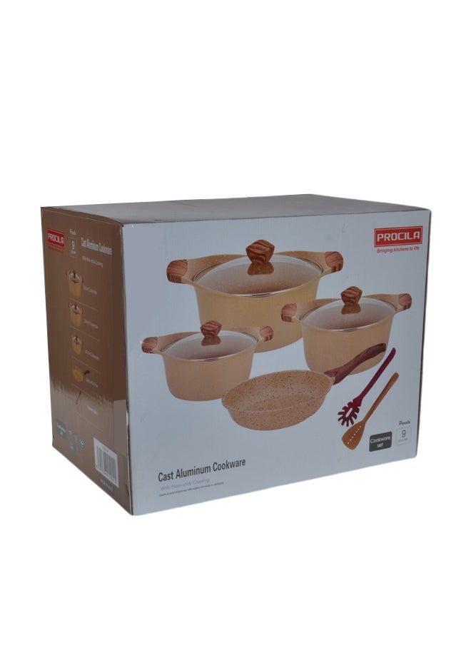 PROCILA - 9-Piece Aluminum Cookware Set Beige With Tempered Glass Lid, Soft Touch Wooden Handles, Non-Stick & Granite Coating; Casserole Sizes 20,24,28CM; Frypan Size 24CM; 2PCS Spoons - Image 1