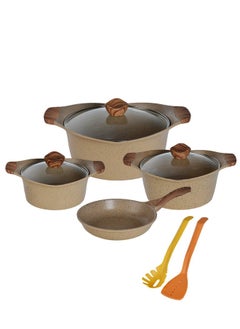 PROCILA 9-Piece Aluminum Cookware Set Beige With Tempered Glass Lid, Soft Touch Wooden Handles, Non-Stick & Granite Coating; Casserole Sizes 20,24,28CM; Frypan Size 24CM; 2PCS Spoons  - Image 1