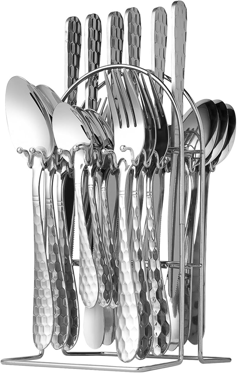 RHCSZ 24 Piece Silverware Set with Hanging holderStainless Steel Flatware Cutlery SetFork Spoon and Knife Service for 6Kitchen Utensil Tableware SetMirror PolishedDishwasher SafeSilvery - Image 1