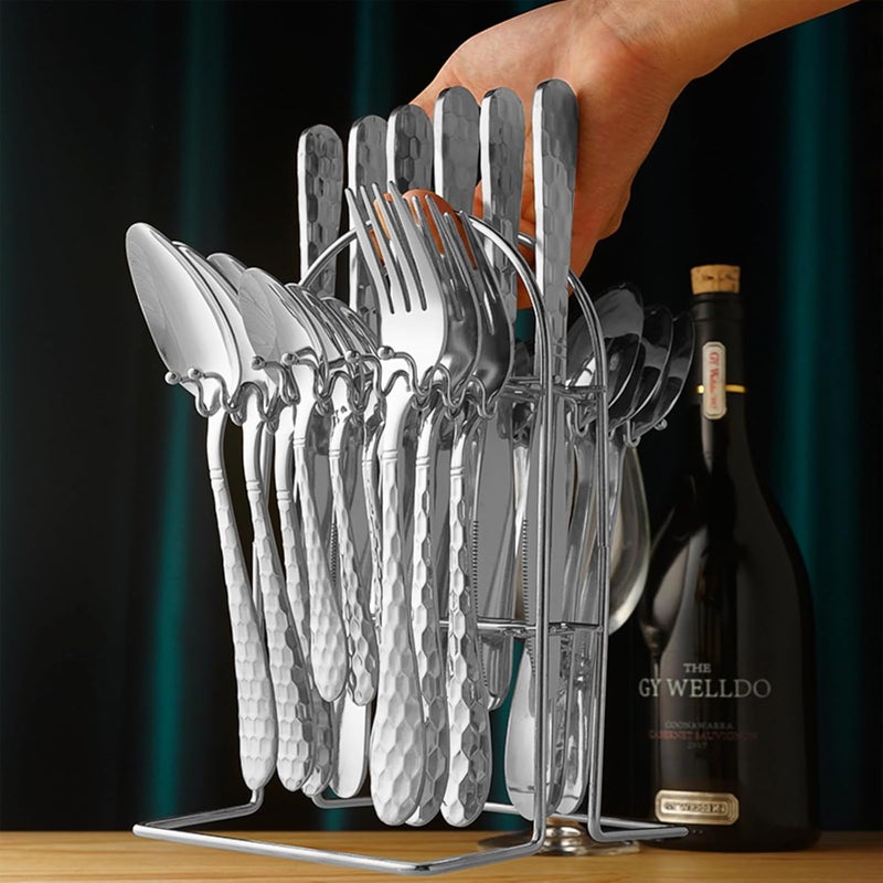 RHCSZ 24 Piece Silverware Set with Hanging holderStainless Steel Flatware Cutlery SetFork Spoon and Knife Service for 6Kitchen Utensil Tableware SetMirror PolishedDishwasher SafeSilvery - Image 5
