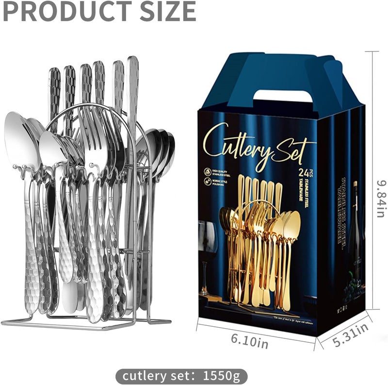 RHCSZ 24 Piece Silverware Set with Hanging holderStainless Steel Flatware Cutlery SetFork Spoon and Knife Service for 6Kitchen Utensil Tableware SetMirror PolishedDishwasher SafeSilvery - Image 3