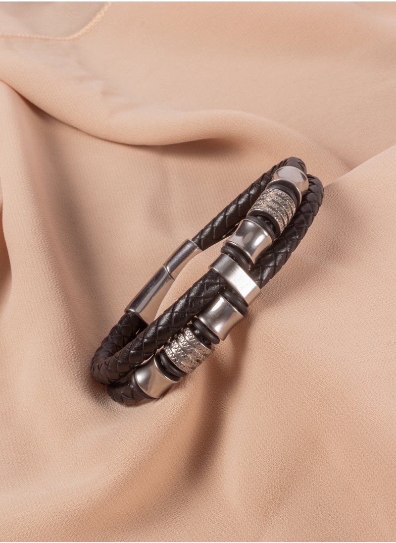 The Black Pearl Accessories - Stainless Steel & Leather 2 Layers Silver Bracelet For Him - Image 1