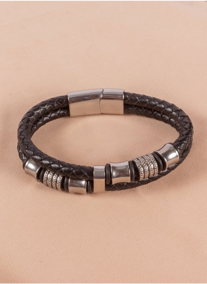 The Black Pearl Accessories - Stainless Steel & Leather 2 Layers Silver Bracelet For Him - Image 1