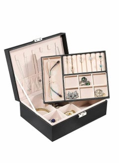 Jewelry Box for Women Girls, 2 Layer Organizer Box, Multi-function Display Storage Case, with Lock PU Leather, Large Capacity Set, Necklace Earring Rings Holder (Black)