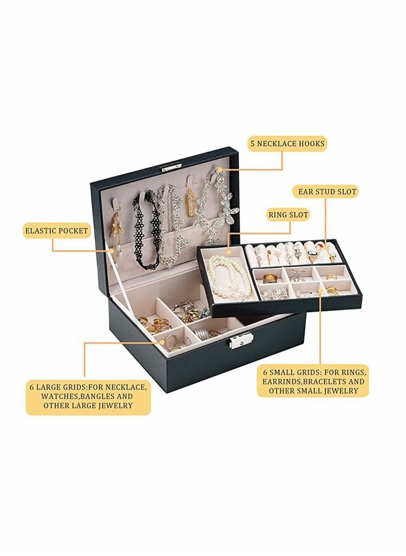 Y&D - Jewelry Box for Women Girls, 2 Layer Organizer Box, Multi-function Display Storage Case, with Lock PU Leather, Large Capacity Set, Necklace Earring Rings Holder (Black) - Image 1