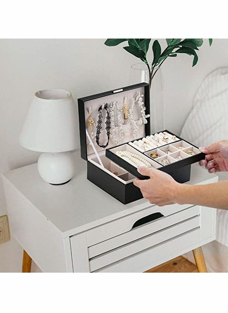 Y&D - Jewelry Box for Women Girls, 2 Layer Organizer Box, Multi-function Display Storage Case, with Lock PU Leather, Large Capacity Set, Necklace Earring Rings Holder (Black) - Image 1