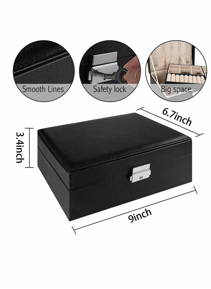 Y&D - Jewelry Box for Women Girls, 2 Layer Organizer Box, Multi-function Display Storage Case, with Lock PU Leather, Large Capacity Set, Necklace Earring Rings Holder (Black) - Image 1