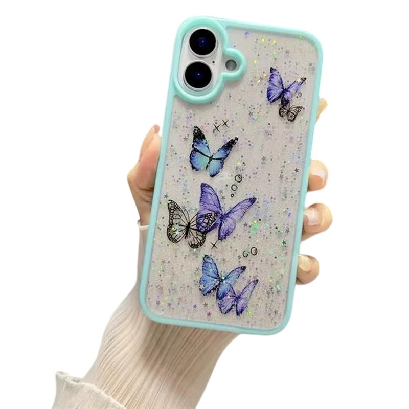 VONZEE for iPhone 16 Clear Glitter Butterfly Case, Cute Bling Sparkle Shiny Soft TPU Bumper Shockproof Women Girls Slim Protective Phone Cover for iPhone 16 6.1",Mint Green - Image 1