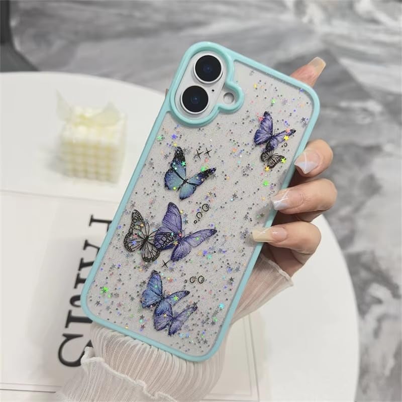 VONZEE for iPhone 16 Clear Glitter Butterfly Case, Cute Bling Sparkle Shiny Soft TPU Bumper Shockproof Women Girls Slim Protective Phone Cover for iPhone 16 6.1",Mint Green - Image 4