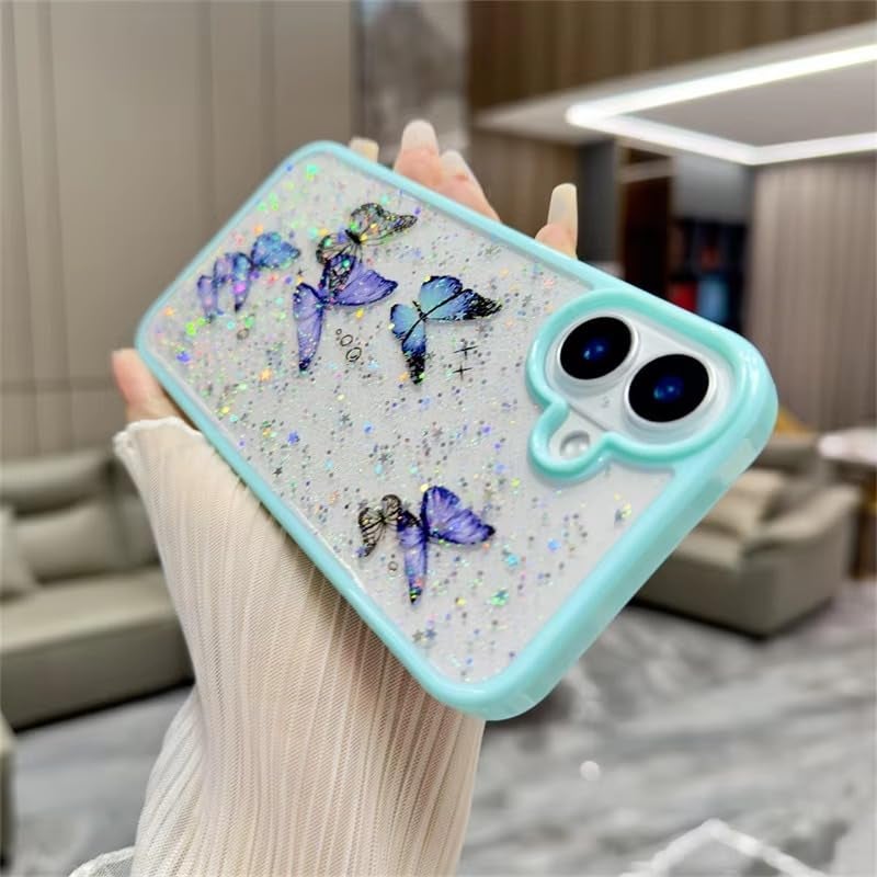 VONZEE for iPhone 16 Clear Glitter Butterfly Case, Cute Bling Sparkle Shiny Soft TPU Bumper Shockproof Women Girls Slim Protective Phone Cover for iPhone 16 6.1",Mint Green - Image 3