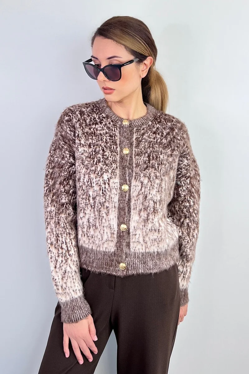 ريتنيس Women's Tina Shaggy Snow Effect Brown Knitwear Cardigan