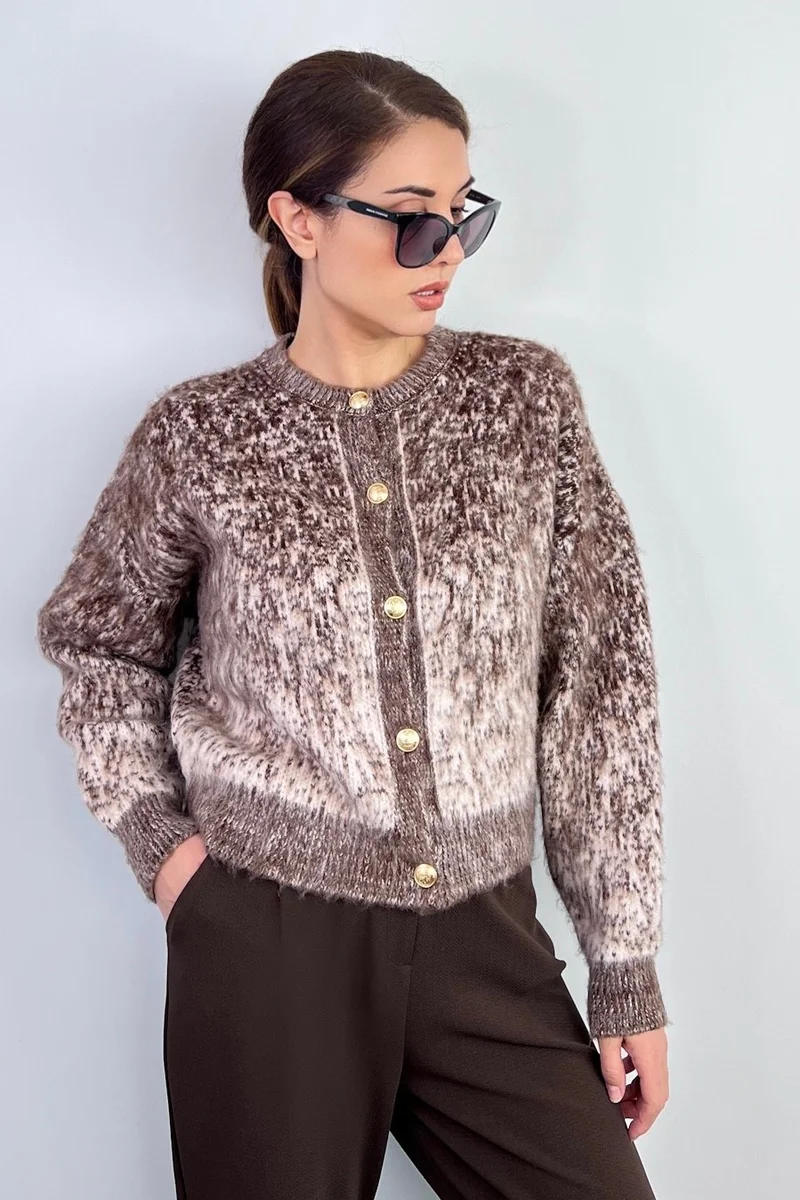 ريتنيس Women's Tina Shaggy Snow Effect Brown Knitwear Cardigan
