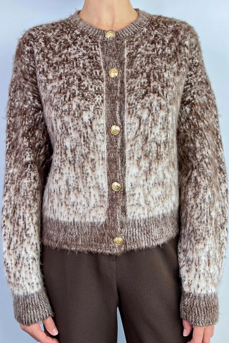 ريتنيس Women's Tina Shaggy Snow Effect Brown Knitwear Cardigan