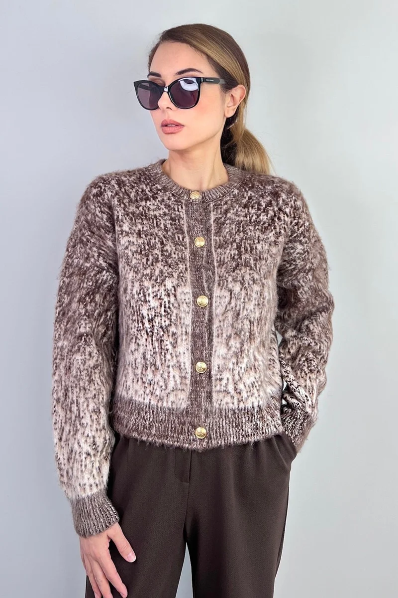 ريتنيس Women's Tina Shaggy Snow Effect Brown Knitwear Cardigan