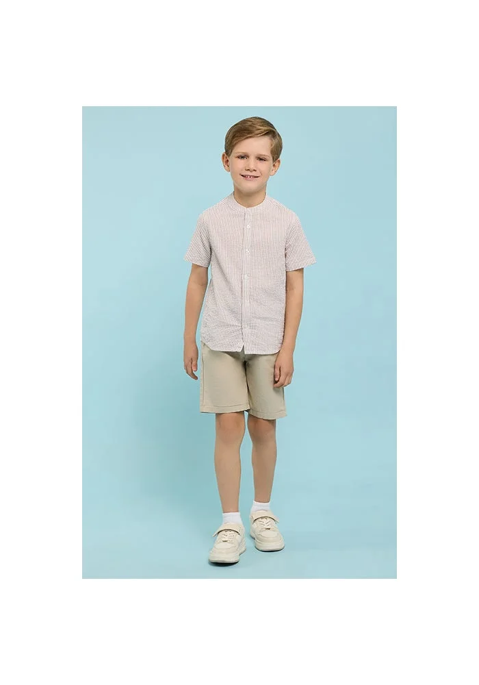 أر أند بي Striped Shirt with Mandarin Collar & Short Sleeves
