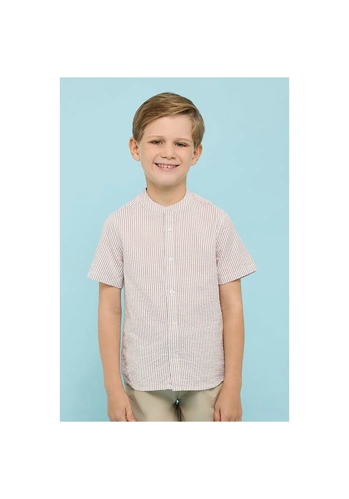أر أند بي Striped Shirt with Mandarin Collar & Short Sleeves