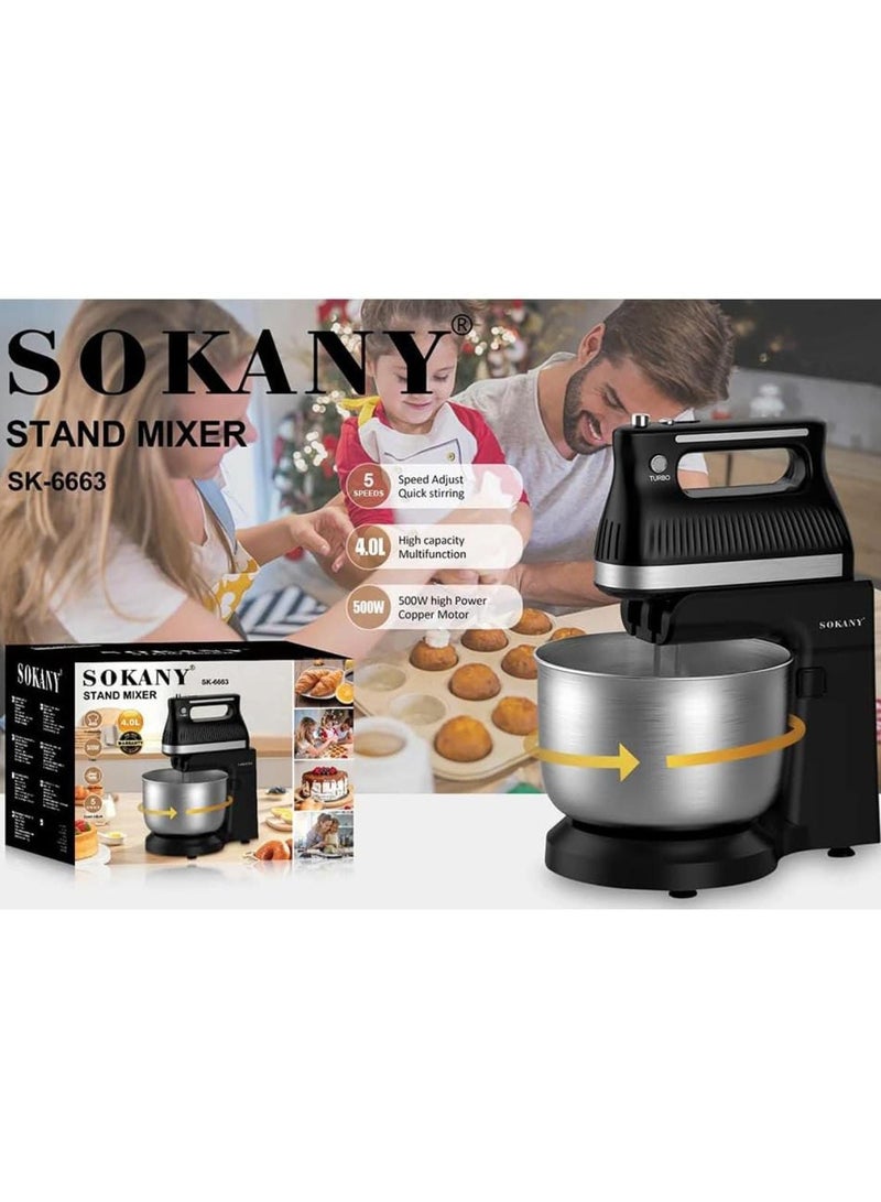 sokany Kitchen Stand Mixer 500W with 4L Bowl, High Power Pure Copper Motor, Five-Speed Adjustment, Electric Mixer for Baking, Whipping, and Kneading Dough - Image 3