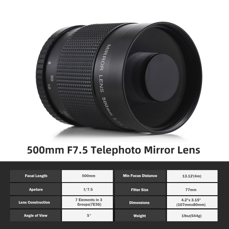Telephoto Lens 500mm F7.5 Multi-Coated Manual Focus - Metal Durable Body Telephoto Lens for DSLR Camera Sports Wildlife Travel Portrait Photography - Image 2