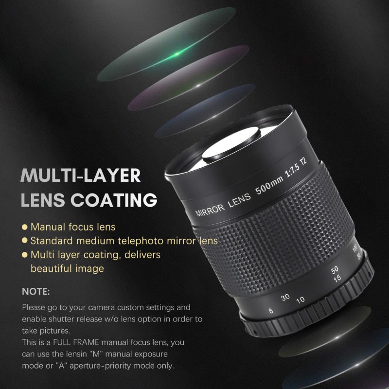 Telephoto Lens 500mm F7.5 Multi-Coated Manual Focus - Metal Durable Body Telephoto Lens for DSLR Camera Sports Wildlife Travel Portrait Photography - Image 5
