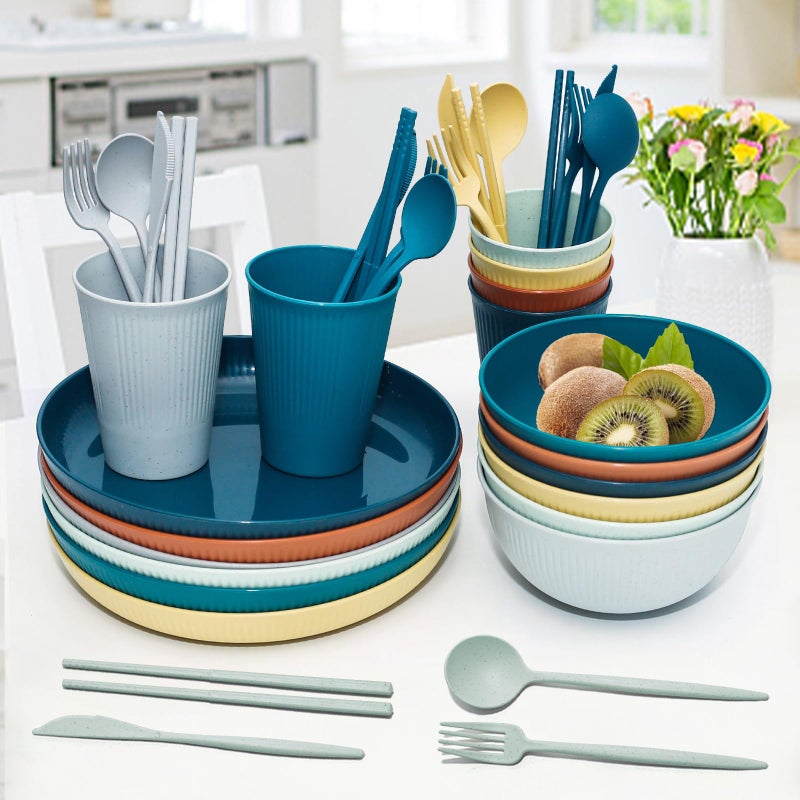 SHECIPIN 42Pcs Wheat Straw Dinnerware Sets, Unbreakable Plates and Bowls Sets, Eco Friendly Non Breakable Dinnerware, Dishwasher Microwave Safe Dinnerware - Image 5