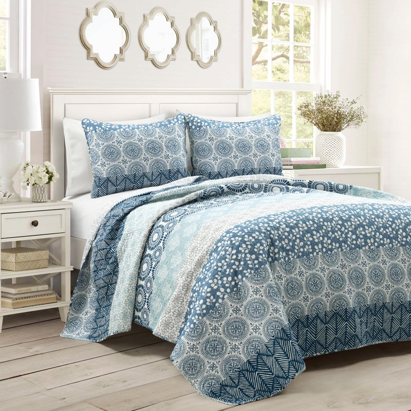Lush Decor Bohemian Stripe Reversible Cotton Quilt Set 3 Piece Set King Navy  Blue  Boho Bedding Set  Bold  Colorful  Striped Quilt  Maximalist  Boho Bedroom Decor