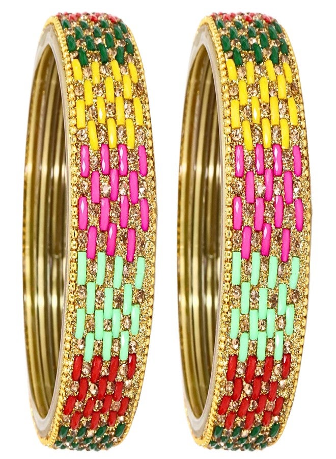 NMII Stylish Glass Bangle Set - Golden Stone & Beads Studded Thick Kada for Women & Girls - Daily, Party, Wedding Bangles - Multi Pack - Image 1