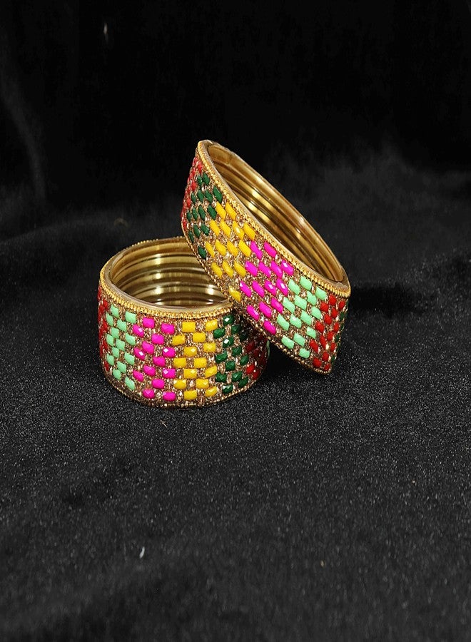 NMII Stylish Glass Bangle Set - Golden Stone & Beads Studded Thick Kada for Women & Girls - Daily, Party, Wedding Bangles - Multi Pack - Image 4