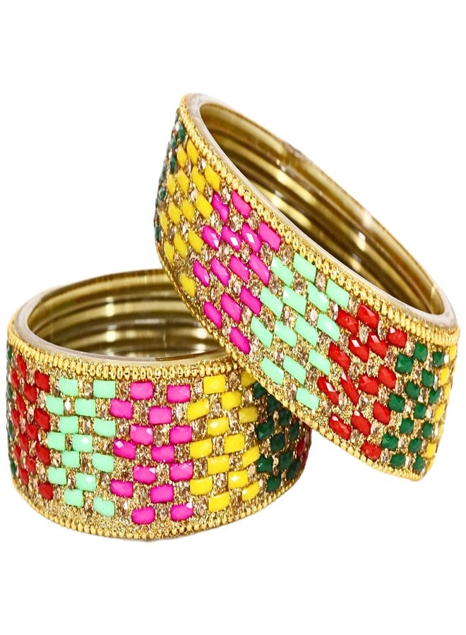 NMII Stylish Glass Bangle Set - Golden Stone & Beads Studded Thick Kada for Women & Girls - Daily, Party, Wedding Bangles - Multi Pack - Image 2