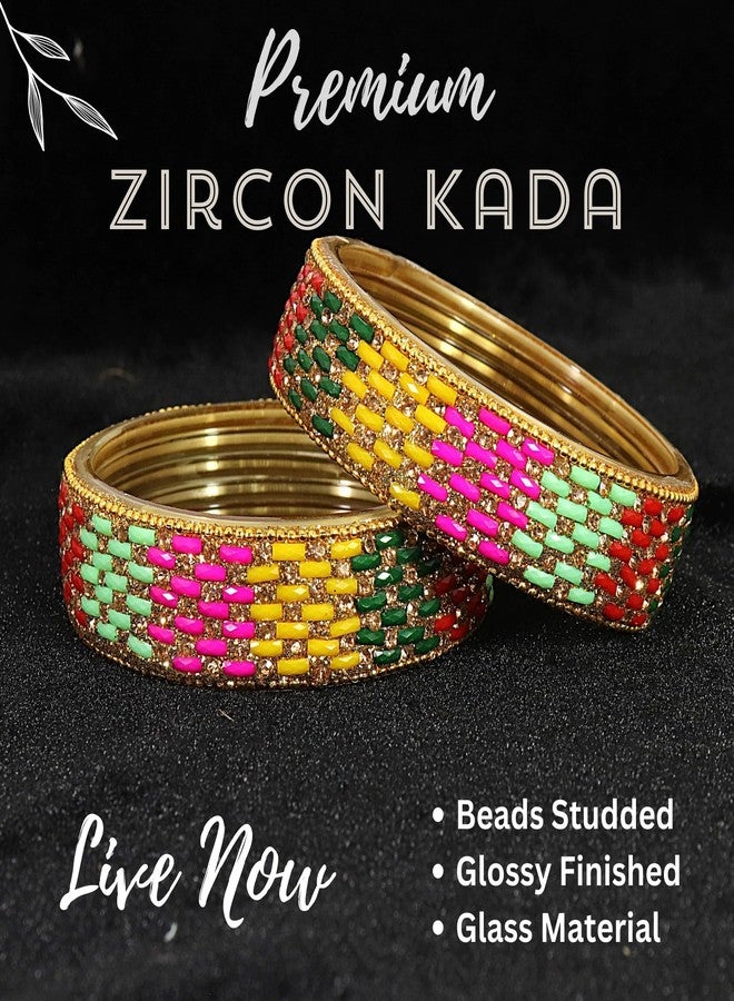 NMII Stylish Glass Bangle Set - Golden Stone & Beads Studded Thick Kada for Women & Girls - Daily, Party, Wedding Bangles - Multi Pack - Image 5