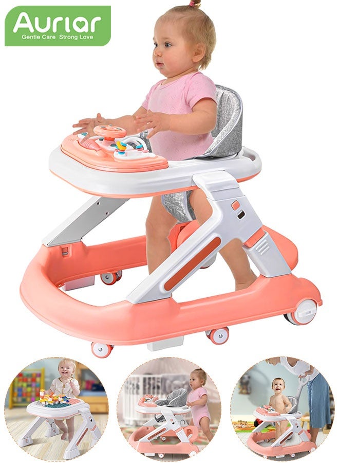 Aurlar 5-in-1 Multifunction Baby Walker with Music Tray, Block Table, Adjustable Height, Anti-Rollover & Foldable Design, 360° Silent Wheels & Speed Control – for Boys & Girls 6–24 Months – Pink - Image 1