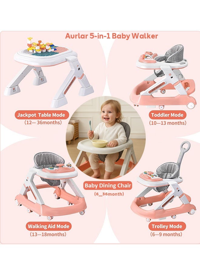 Aurlar 5-in-1 Multifunction Baby Walker with Music Tray, Block Table, Adjustable Height, Anti-Rollover & Foldable Design, 360° Silent Wheels & Speed Control – for Boys & Girls 6–24 Months – Pink - Image 2