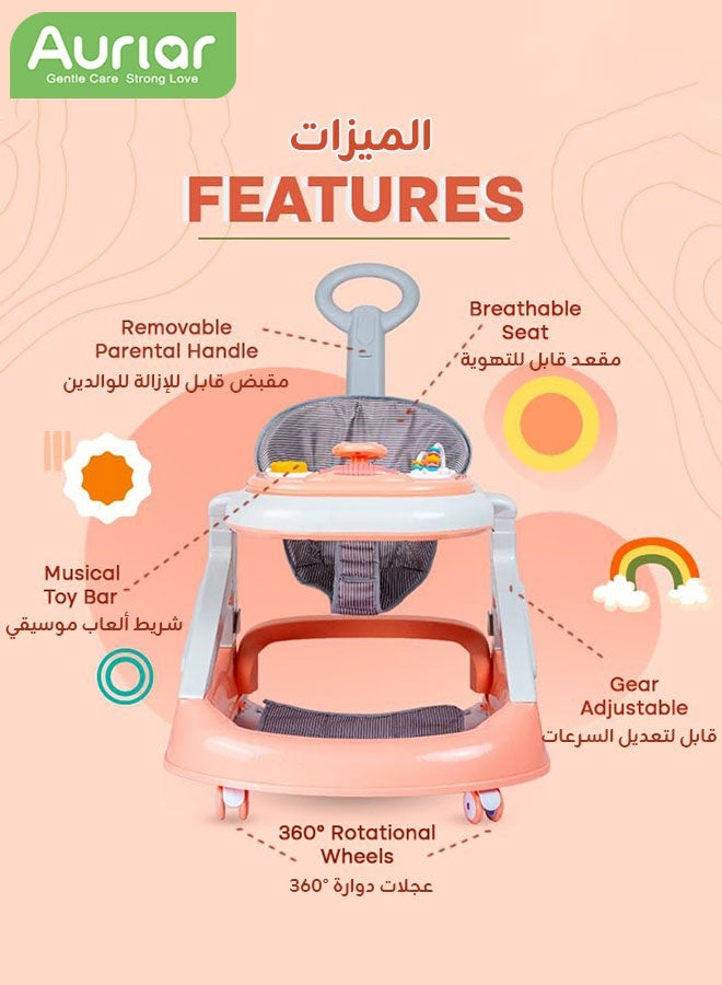 Aurlar 5-in-1 Multifunction Baby Walker with Music Tray, Block Table, Adjustable Height, Anti-Rollover & Foldable Design, 360° Silent Wheels & Speed Control – for Boys & Girls 6–24 Months – Pink - Image 3