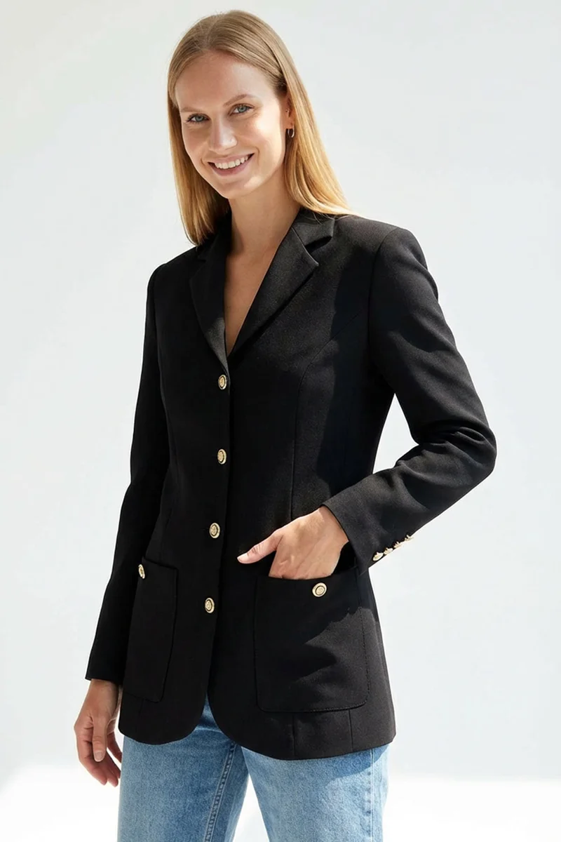 Exquise Gold Buttoned Long Sleeve Regular Woven Blazer Jacket