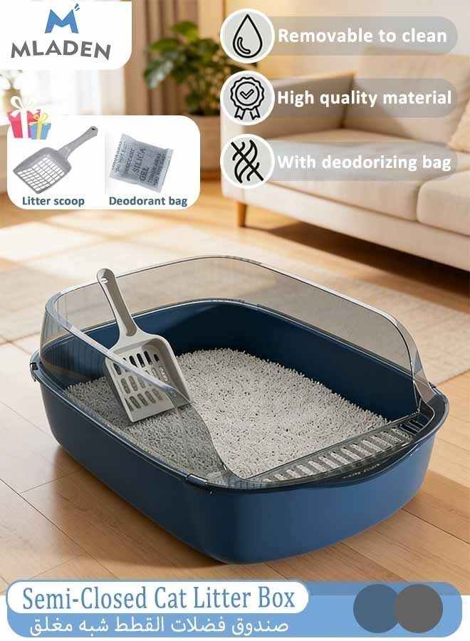 Semi-Closed Cat Litter Box Anti-Splash with Scoop & Deodorizing Bag, Oversized Detachable Potty Tray Toilet Easy to Clean, Suitable for All Kinds of Litter Cat Litter Pan (Blue) - Image 1
