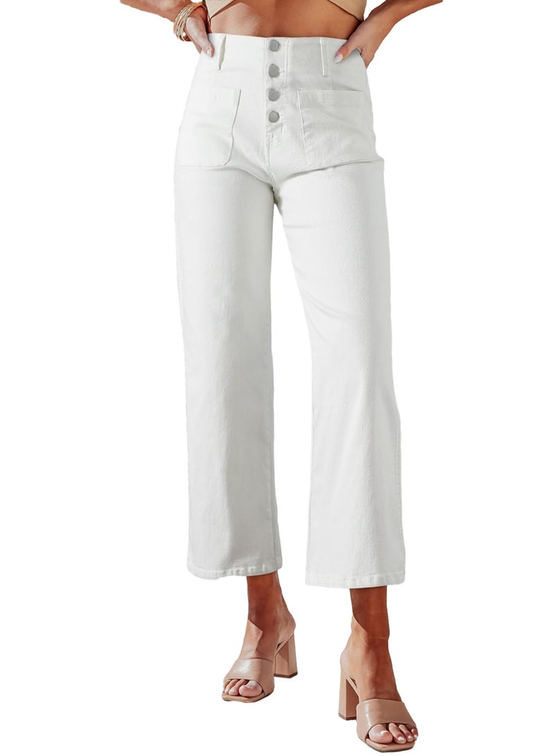 Sidefeel Women's Wide Leg Jeans High Waisted Stretchy Zimbaplatinum Straight Leg Jeans Buttoned Loose Denim Pants with Pocket White Size 4 - Image 1