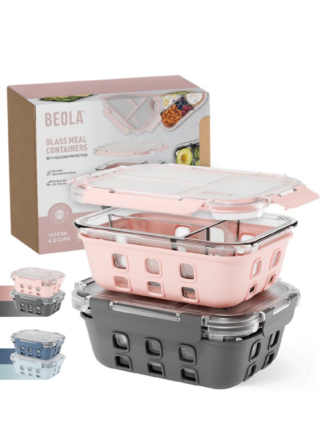 BEOLA Set of 2, Glass Food Storage Container with Airtight Lid and Silicone Protection Sleeve, Individually Sealed 3 Section Meal Prep Container, Freezer, Dishwasher, Microwave Safe (Gray/Pink) 