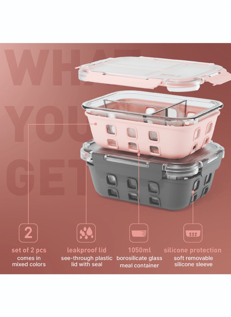 BEOLA Set of 2, Glass Food Storage Container with Airtight Lid and Silicone Protection Sleeve, Individually Sealed 3 Section Meal Prep Container, Freezer, Dishwasher, Microwave Safe (Gray/Pink)  - Image 2