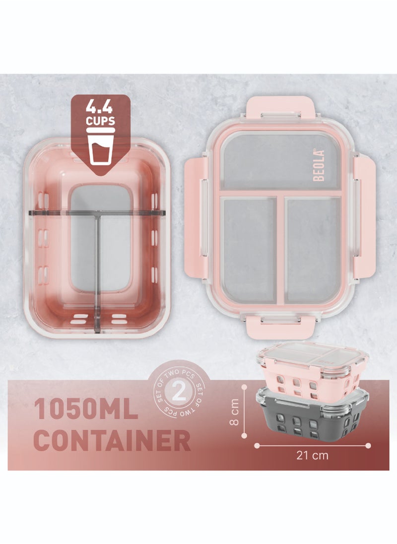 BEOLA Set of 2, Glass Food Storage Container with Airtight Lid and Silicone Protection Sleeve, Individually Sealed 3 Section Meal Prep Container, Freezer, Dishwasher, Microwave Safe (Gray/Pink)  - Image 3