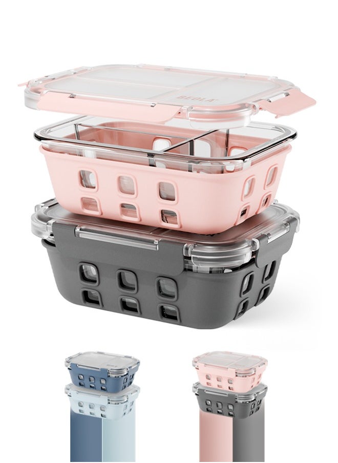 BEOLA Set of 2, Glass Food Storage Container with Airtight Lid and Silicone Protection Sleeve, Individually Sealed 3 Section Meal Prep Container, Freezer, Dishwasher, Microwave Safe (Gray/Pink)  - Image 1