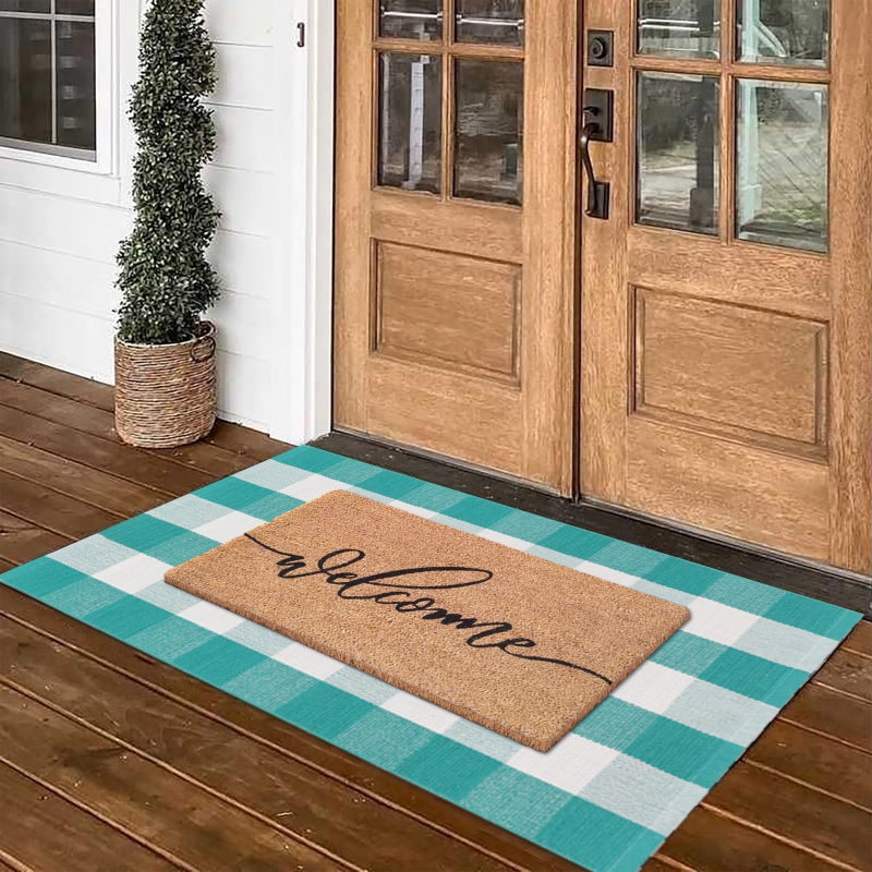 Fallovea Spring Welcome Front Door Mats Combo Set, 100% Coco Coir Doormat + 28" x 43" Spring Green and White Plaid Rug, Front Porch Entryway Decor Indoor Outdoor Easter Mats - Image 1