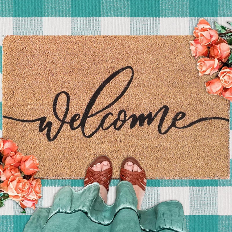 Fallovea Spring Welcome Front Door Mats Combo Set, 100% Coco Coir Doormat + 28" x 43" Spring Green and White Plaid Rug, Front Porch Entryway Decor Indoor Outdoor Easter Mats - Image 4