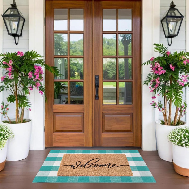 Fallovea Spring Welcome Front Door Mats Combo Set, 100% Coco Coir Doormat + 28" x 43" Spring Green and White Plaid Rug, Front Porch Entryway Decor Indoor Outdoor Easter Mats - Image 5