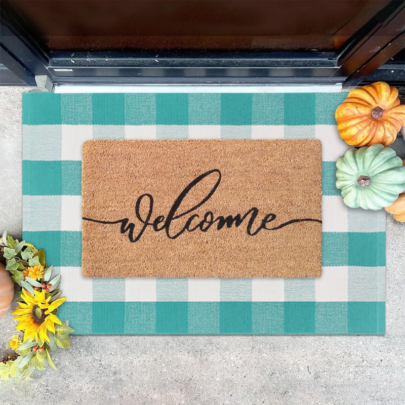 Fallovea Spring Welcome Front Door Mats Combo Set, 100% Coco Coir Doormat + 28" x 43" Spring Green and White Plaid Rug, Front Porch Entryway Decor Indoor Outdoor Easter Mats - Image 3