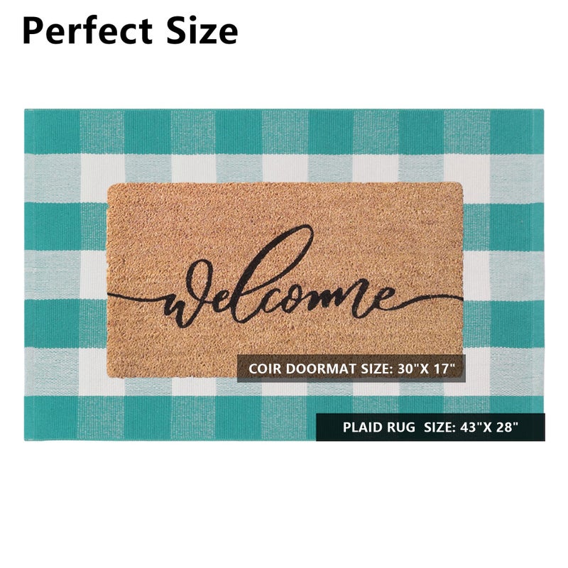 Fallovea Spring Welcome Front Door Mats Combo Set, 100% Coco Coir Doormat + 28" x 43" Spring Green and White Plaid Rug, Front Porch Entryway Decor Indoor Outdoor Easter Mats - Image 2