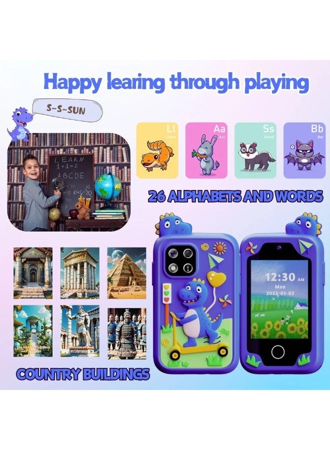 لعبة هاتف تعليمي بشاشة لمس للأولاد والبنات من 3 إلى 10 سنوات، شاشة 2.8 بوصة بكاميرتين مزدوجة، ألعاب تعليمية، مشغل موسيقى، تتضمن بطاقة ذاكرة 8 جيجابايت - أزرق - Image 2