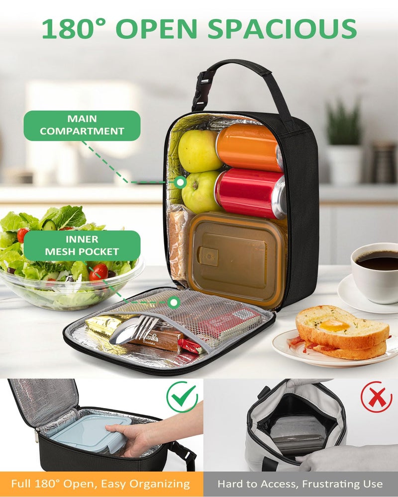 Tuwubi Lightweight Insulated Lunch Bag for Men Women & Kids - Portable Lunch Tote with Clip-On Handle for Work, School & Gym, 6 Can Capacity, Black - Image 3