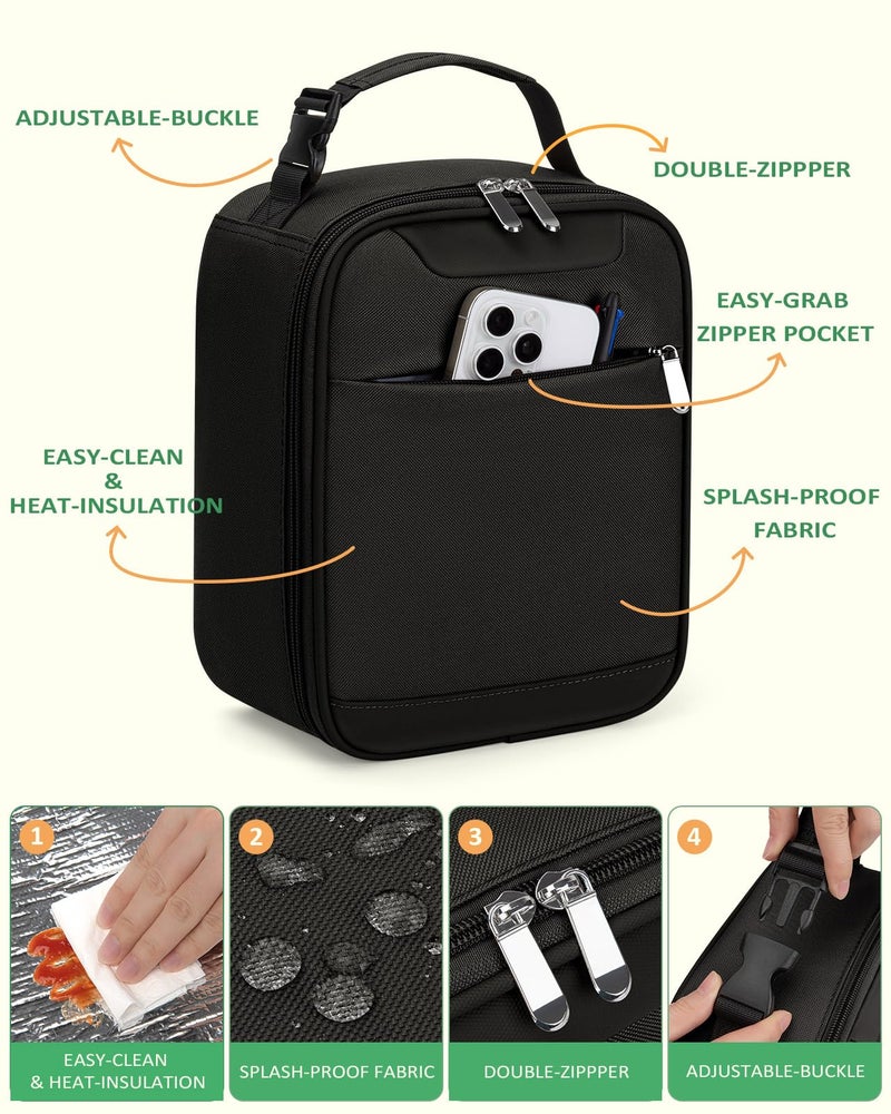 Tuwubi Lightweight Insulated Lunch Bag for Men Women & Kids - Portable Lunch Tote with Clip-On Handle for Work, School & Gym, 6 Can Capacity, Black - Image 5